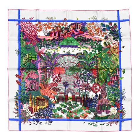 HERMES Silk Jardins D'hiver Scarf 90 Gris Vert Rose